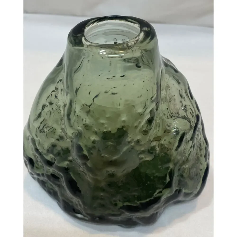 Free Form Minimalist Smoky Gray-Green Glass Vase Heavy Clear Bottom